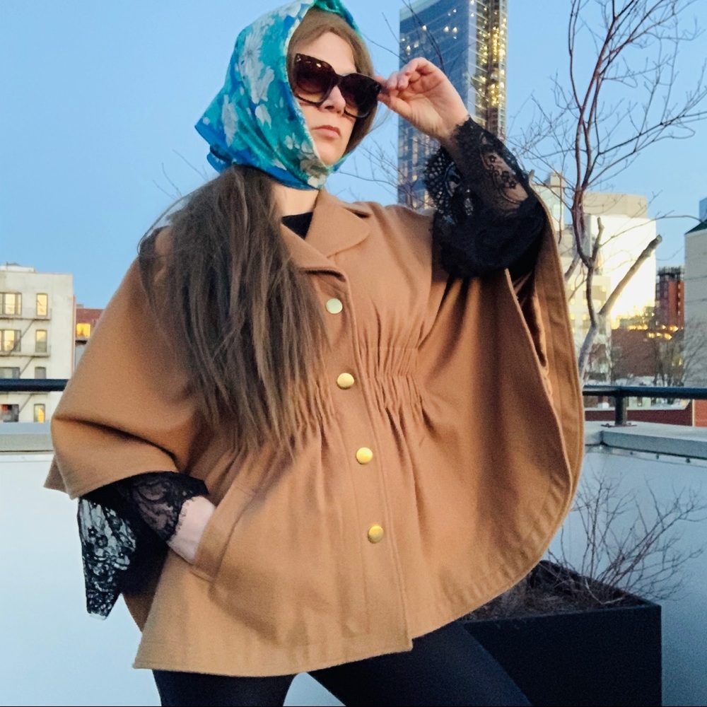 Aqua Camel Wool Bat Wing Ruffled Pea Coat Poncho - Picture 6 of 16